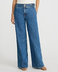 Express Women's High Waisted Medium Wash Waist Tab Wide Leg Palazzo Jeans in Blue, size: 0