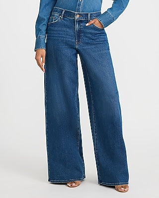 Express Women's High Waisted Dark Wash Relaxed Wide Leg Palazzo Jeans in Dark Denim