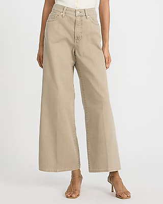 Express Women's High Waisted Khaki Wide Leg Palazzo Ankle Jeans in Neutral, size: 0