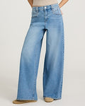Express Women's High Waisted Light Wash Relaxed Wide Leg Palazzo Jeans in Medium Wash