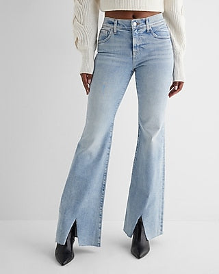 Express Women's Mid Rise Front Vent '70S Flare Jeans in Light Wash