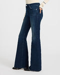 Express Women's Mid Rise Dark Wash Raw Hem Curvy FlexX '70S Flare Jeans in Blue, size: Small