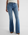 Express Women's Mid Rise Pintuck Raw Hem Curvy FlexX '70S Flare Jeans in Medium Wash