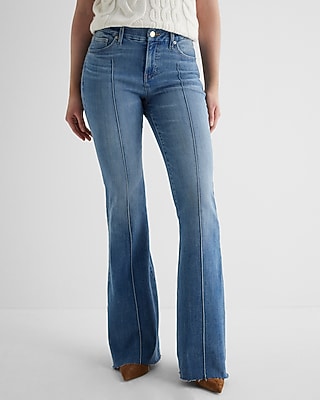 Express Women's Mid Rise Pintuck Raw Hem Curvy FlexX '70S Flare Jeans in Medium Wash