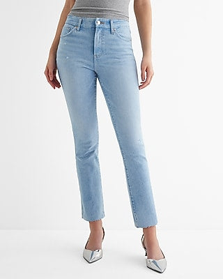 Express Women's High Waisted Light Wash Raw Hem Curvy FlexX Cropped Flare Jeans in Blue, size: Small