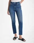Express Women's High Waisted Raw Hem Curvy FlexX Cropped Flare Jeans in Dark Wash