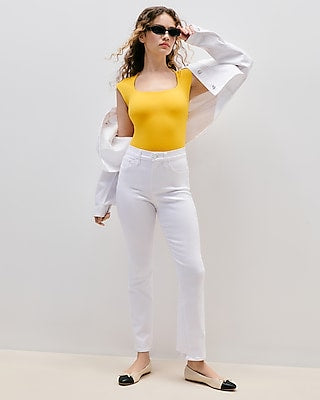 Express Women's High Waisted Raw Hem Cropped Flare Jeans in White