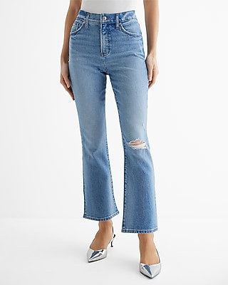 Express Women's High Waisted Ripped Cropped Flare Jeans in Light Wash