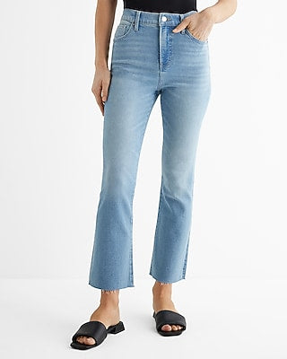 Express Women's High Waisted Raw Hem Cropped Flare Jeans in Light Wash