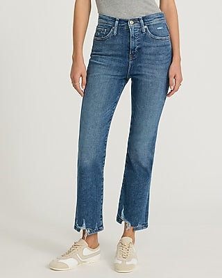 Express Women's High Waisted Raw Hem Cropped Flare Jeans in Medium Wash
