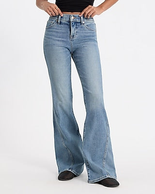 Express Women's Mid Rise Twist Seam Hyper Sculpt '70S Flare Jeans in Light Wash