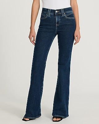 Express Women's Mid Rise Hyper Sculpt '70S Flare Jeans in Dark Wash