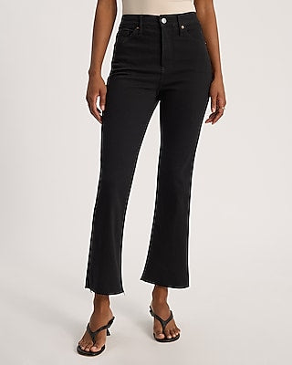 Express Women's High Waisted Stay Black Raw Hem Cropped Flare Jeans in Pitch Black