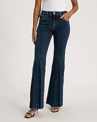 Express Women's Mid Rise Slit Curvy FlexX '70S Flare Jeans in Dark Wash