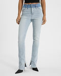 Express Women's Mid Rise Light Wash Contrast Waistband Skyscraper Jeans in Blue, size: 0