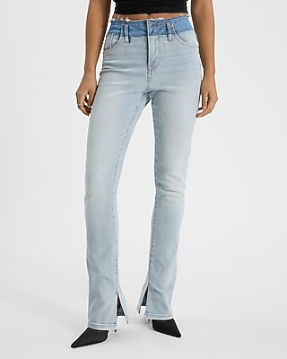 Express Women's Mid Rise Light Wash Contrast Waistband Skyscraper Jeans in Dark Wash