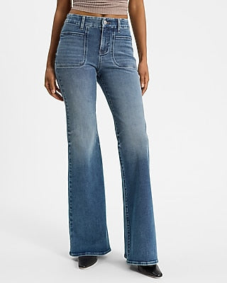 Express Women's Mid Rise Medium Wash Curvy FlexX '70S Flare Jeans in Light Wash