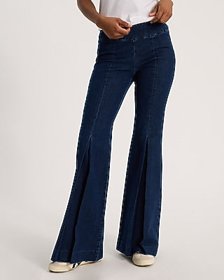 Express Women's Mid Rise Dark Wash Pleated Leg Pull-On '70S Flare Jeans in Blue, size: Small