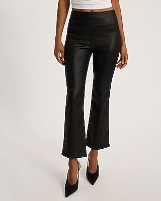 Express Women's High Waisted Black Coated Pull-On Cropped Flare Jeans in Pitch Black