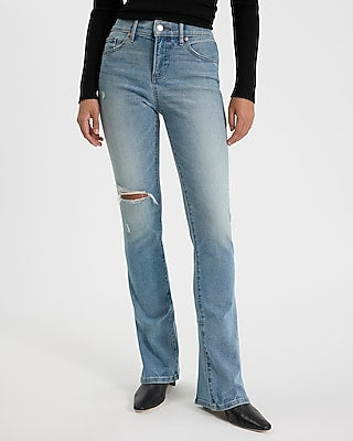 Express Women's Mid Rise Light Wash Ripped Back Slit Skyscraper Jeans in Blue, size: 0