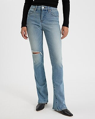 Express Women's Mid Rise Light Wash Ripped Back Slit Skyscraper Jeans in Dark Wash