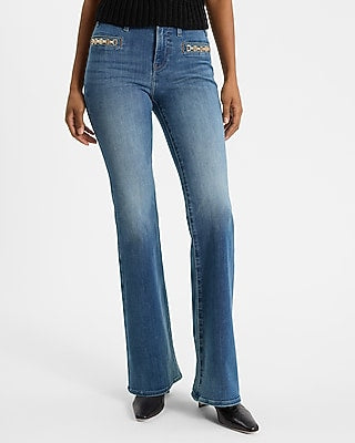 Express Women's Mid Rise Horsebit Curvy FlexX '70S Flare Jeans in Medium Wash