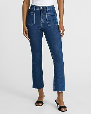 Express Women's High Waisted Patch Pocket Hyper Sculpt Cropped Flare Jeans in Light Wash