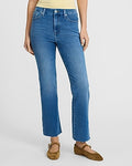 Express Women's High Waisted Medium Wash Raw Hem Curvy FlexX Cropped Flare Jeans in Blue, size: Small