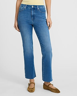 Express Women's High Waisted Medium Wash Raw Hem Curvy FlexX Cropped Flare Jeans in Blue, size: Small
