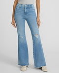 Express Women's High Waisted Ripped Curvy FlexX '70S Flare Jeans in Light Wash