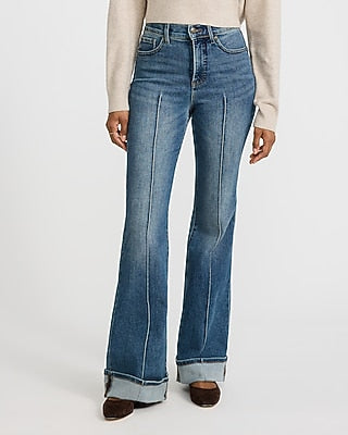 Express Women's High Waisted Cuffed Hem Hyper Sculpt '70S Flare Jeans in Blue, size: 0