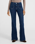 Express Women's Mid Rise Patch Pocket Curvy FlexX '70S Flare Jeans in Dark Wash