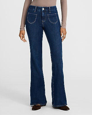 Express Women's Mid Rise Patch Pocket Curvy FlexX '70S Flare Jeans in Dark Wash