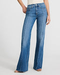 Express Women's High Waisted Medium Wash Front Seam Raw Hem Relaxed Flare Jeans in Blue, size: 0
