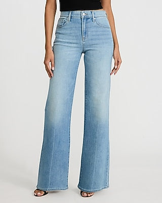 Express Women's High Waisted Light Wash Relaxed Flare Jeans in Medium Wash