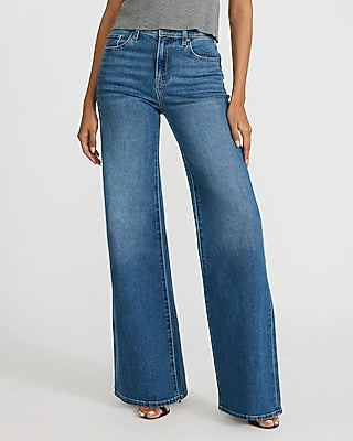 Express Women's High Waisted Medium Wash Relaxed Flare Jeans in Blue, size: 0