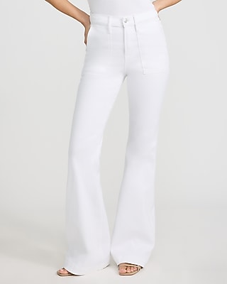 Express Women's High Waisted Patch Pocket '70S Flare Jeans in White