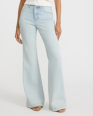 Express Women's High Waisted Tall Hem 70S Flare Jeans in Light Wash