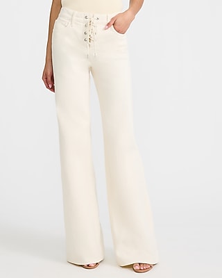 Express Women's High Waisted Ivory Lace Up Relaxed Flare Jeans in White, size: 0