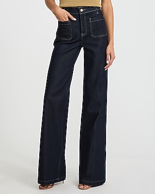 Express Women's High Waisted Dark Wash Patch Pocket Relaxed Flare Jeans in Blue, size: 0