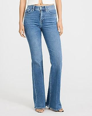Express Women's High Waisted Medium Wash '70S Flare Jeans in Blue, size: 0