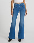 Express Women's Mid Rise Braided Patch Pocket Curvy FlexX '70S Flare Jeans in Medium Wash