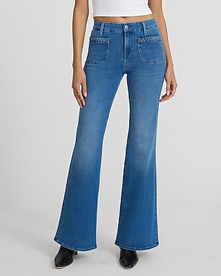 Express Women's Mid Rise Braided Patch Pocket Curvy FlexX '70S Flare Jeans in Medium Wash