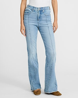 Express Women's High Waisted Light Wash Seamed '70S Flare Jeans in Blue, size: 0