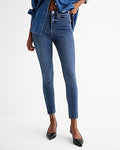 Express Women's High Waisted Medium Wash Raw Hem Skinny Jeans in Blue, size: 0