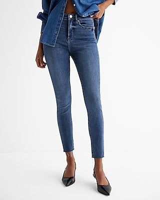 Express Women's High Waisted Medium Wash Raw Hem Skinny Jeans in Blue, size: 0