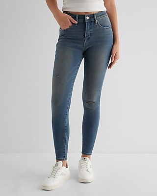 Express Women's Mid Rise Ripped Skinny Jeans in Medium Wash
