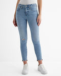 Express Women's Mid Rise Light Wash Ripped Raw Hem Cropped Skinny Jeans in Medium Wash