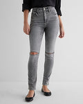 Express Women's High Waisted Gray Wash Knee Cutout '90S Skinny Jeans in Pitch Black