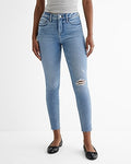 Express Women's Mid Rise Ripped Raw Hem Skinny Jeans in Medium Wash